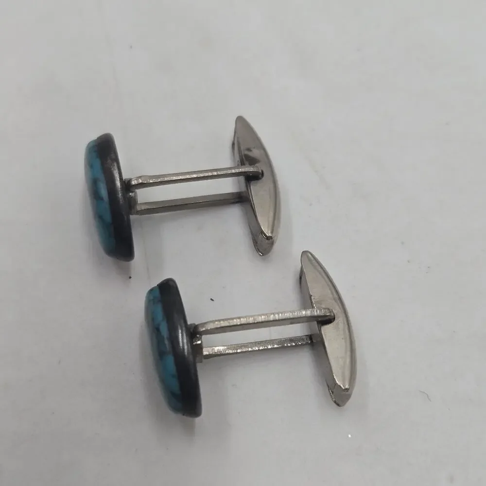Vintage Southwestern Sterling Silver 925 Oval Turquoise Cufflinks